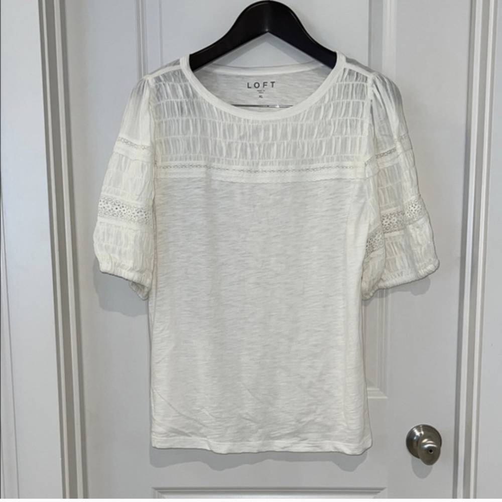 LOFT White Lace Puff Sleeve Top XL
